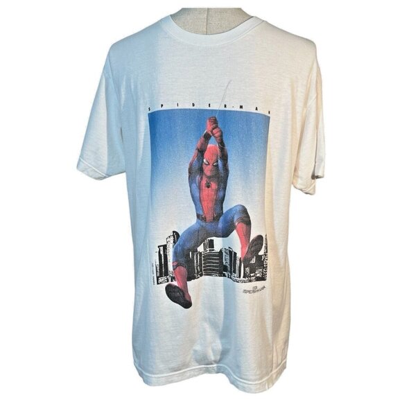 2017 Marvel Spiderman T Shirt Size Large White Swinging on Web Mens Graphic Tee - Picture 2 of 9